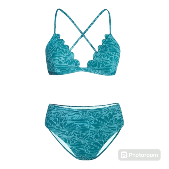 Cupshe Two Piece Swimwear Scalloped Vneck High Waisted Bralette Cyan - Picture 3 of 5